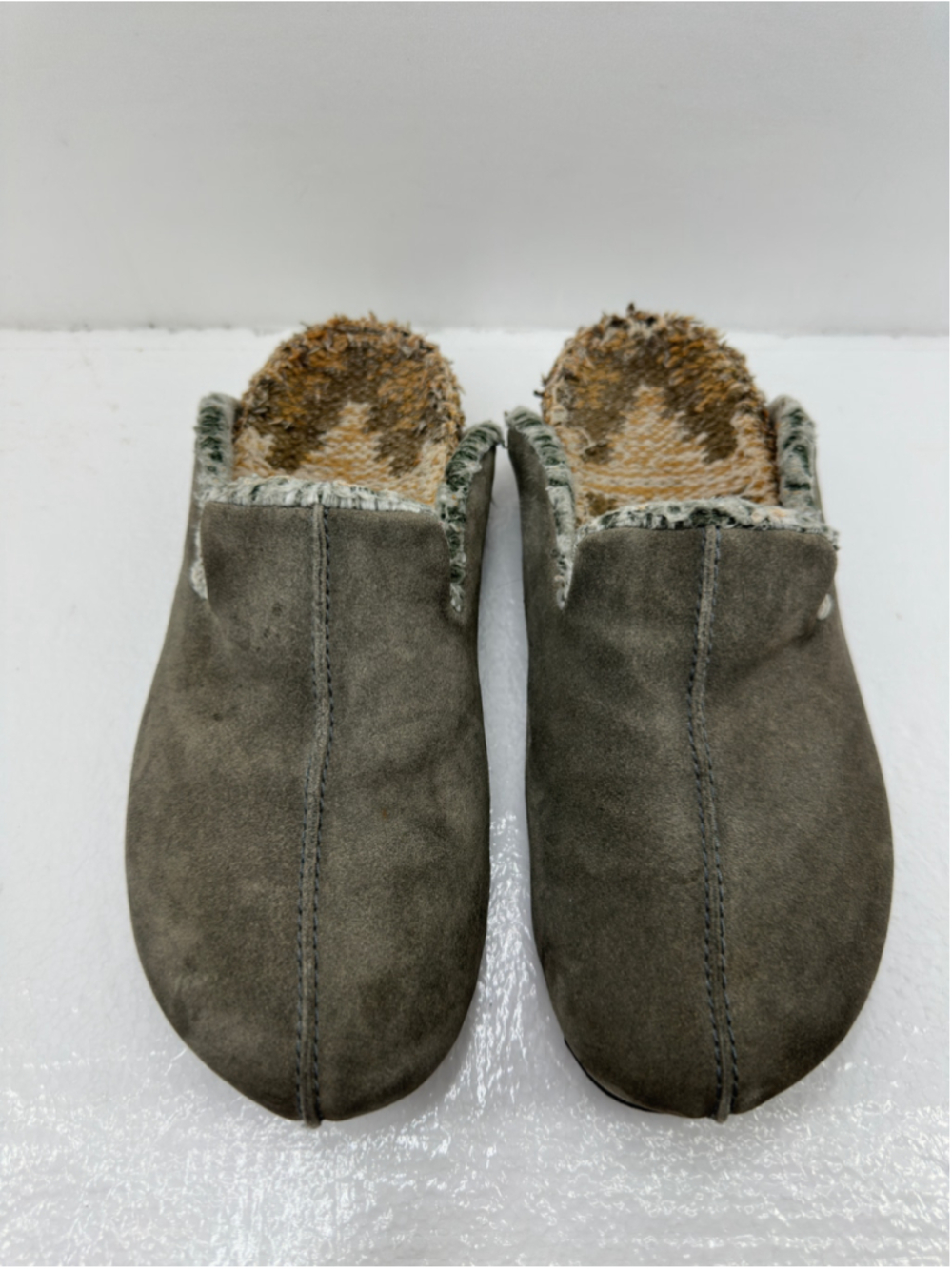 FREE PEOPLE Damon Suede Faux Fur Lined MULES Slippers OLIVE GREEN WOMENS 8.5